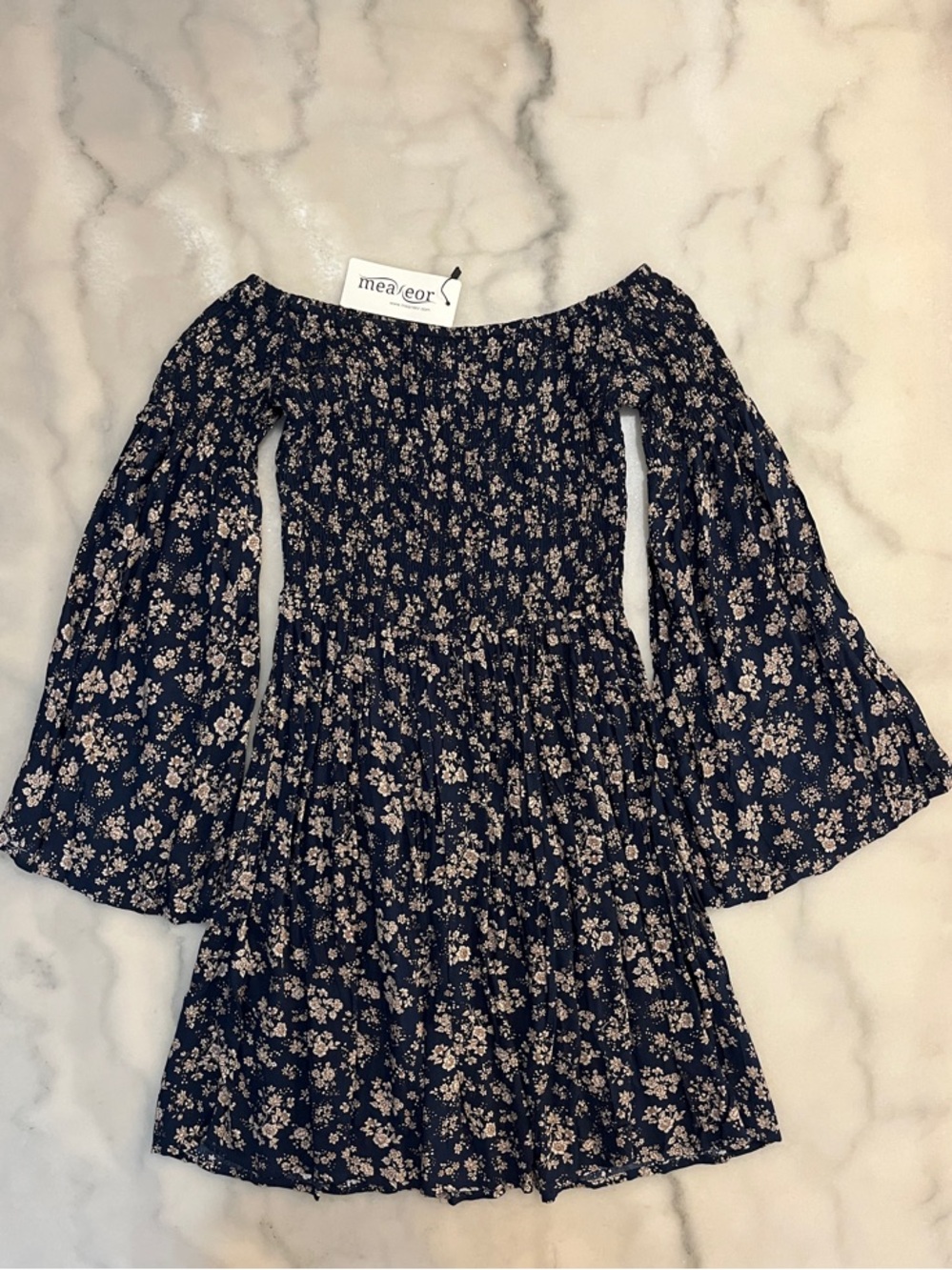 Measeor Navy Floral Smocked Midi Dress with Bell Sleeves
